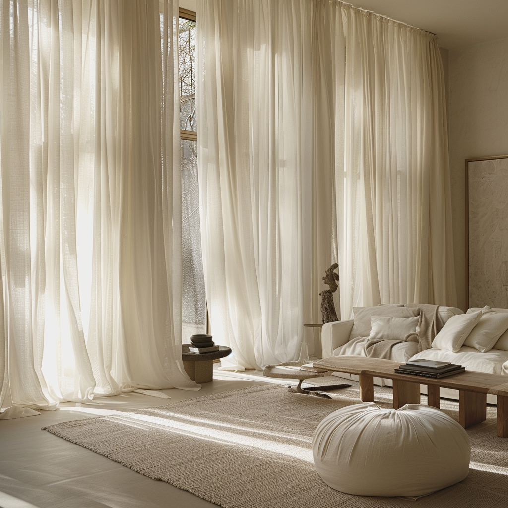 Sheer ivory curtains gently diffuse sunlight in a dreamy living room, creating a soft and inviting ambiance1