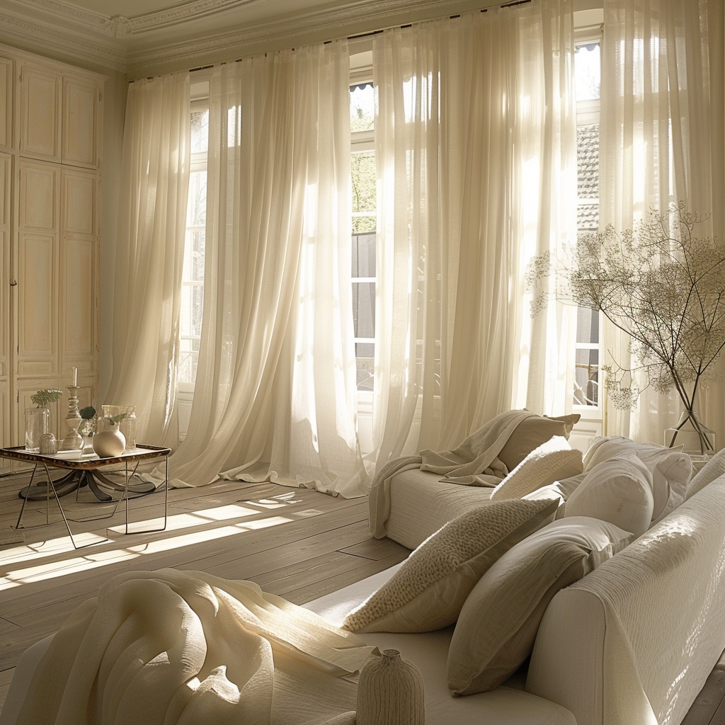 Sheer ivory curtains gently diffuse sunlight in a dreamy living room, creating a soft and inviting ambiance3