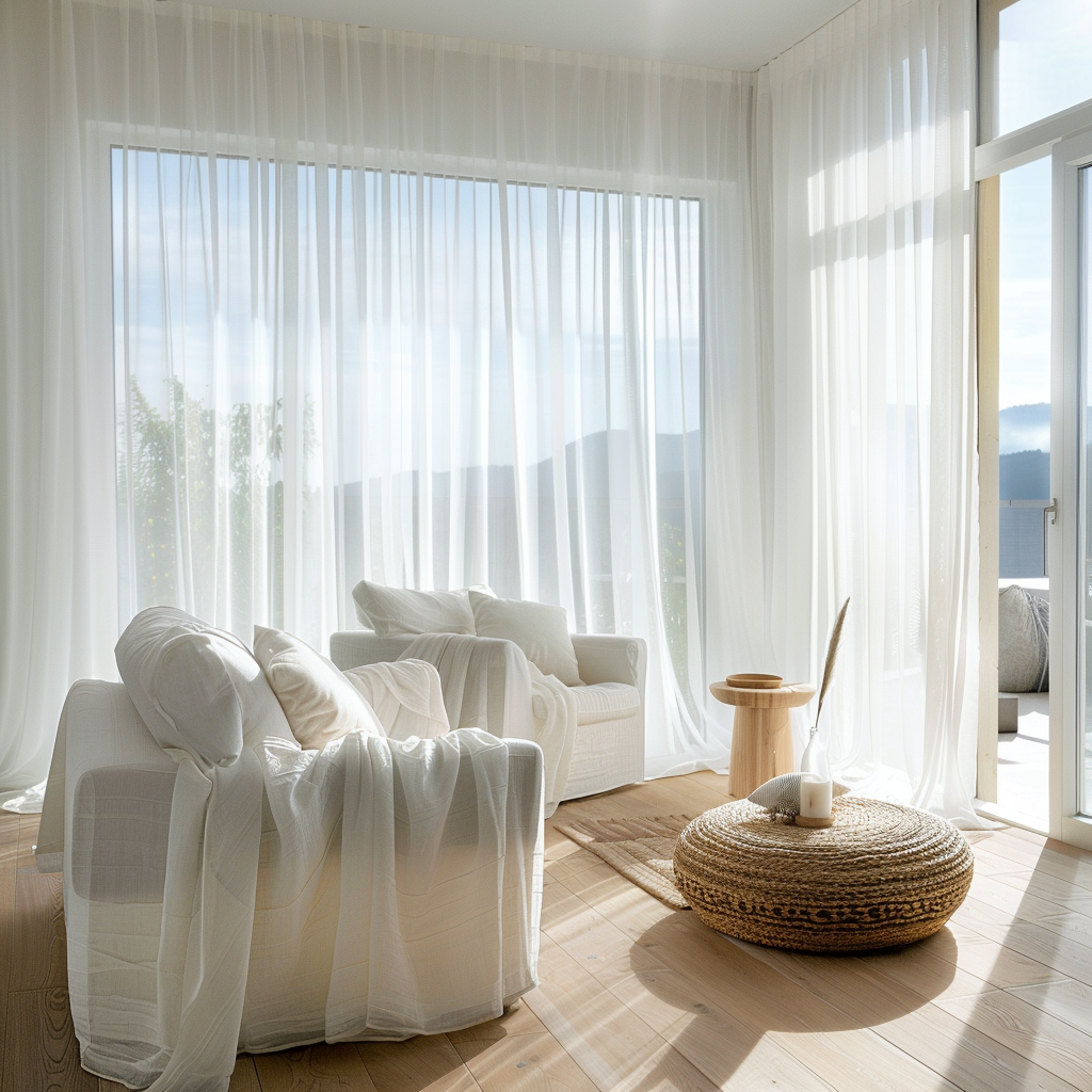 Sheer white curtains billow softly in the breeze, filtering sunlight and creating a bright, airy ambiance in a living room4