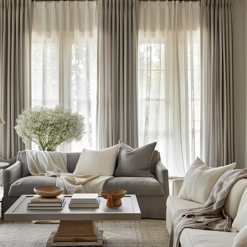Sheer white curtains layered beneath heavier gray drapes offer versatility, light control, and privacy in a well-appointed living room2