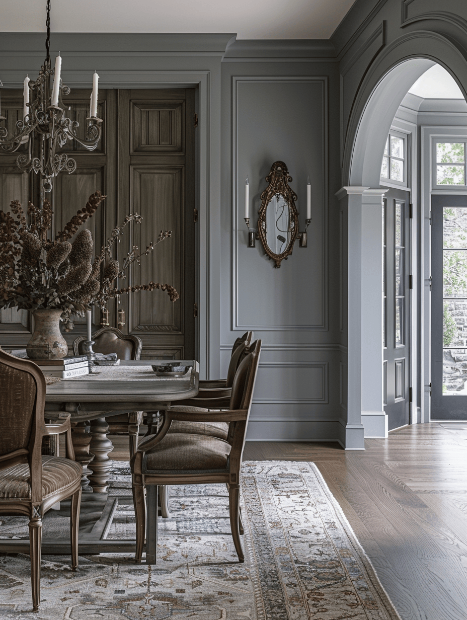 Silver candelabras and serving trays adding a touch of elegance to a Victorian dining room table setting