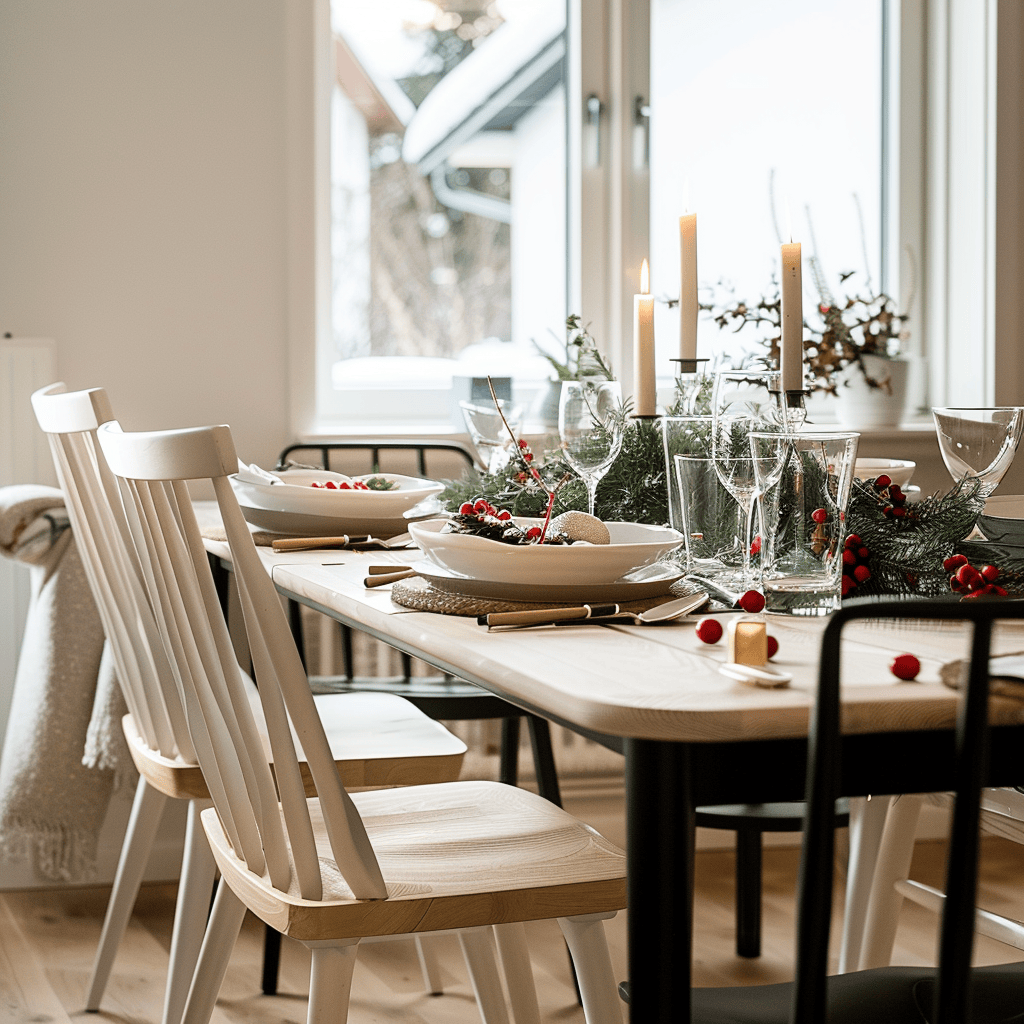 Simple, modern table setting with subtle touches of traditional holiday red and green creates a festive feel in this Scandinavian dining room