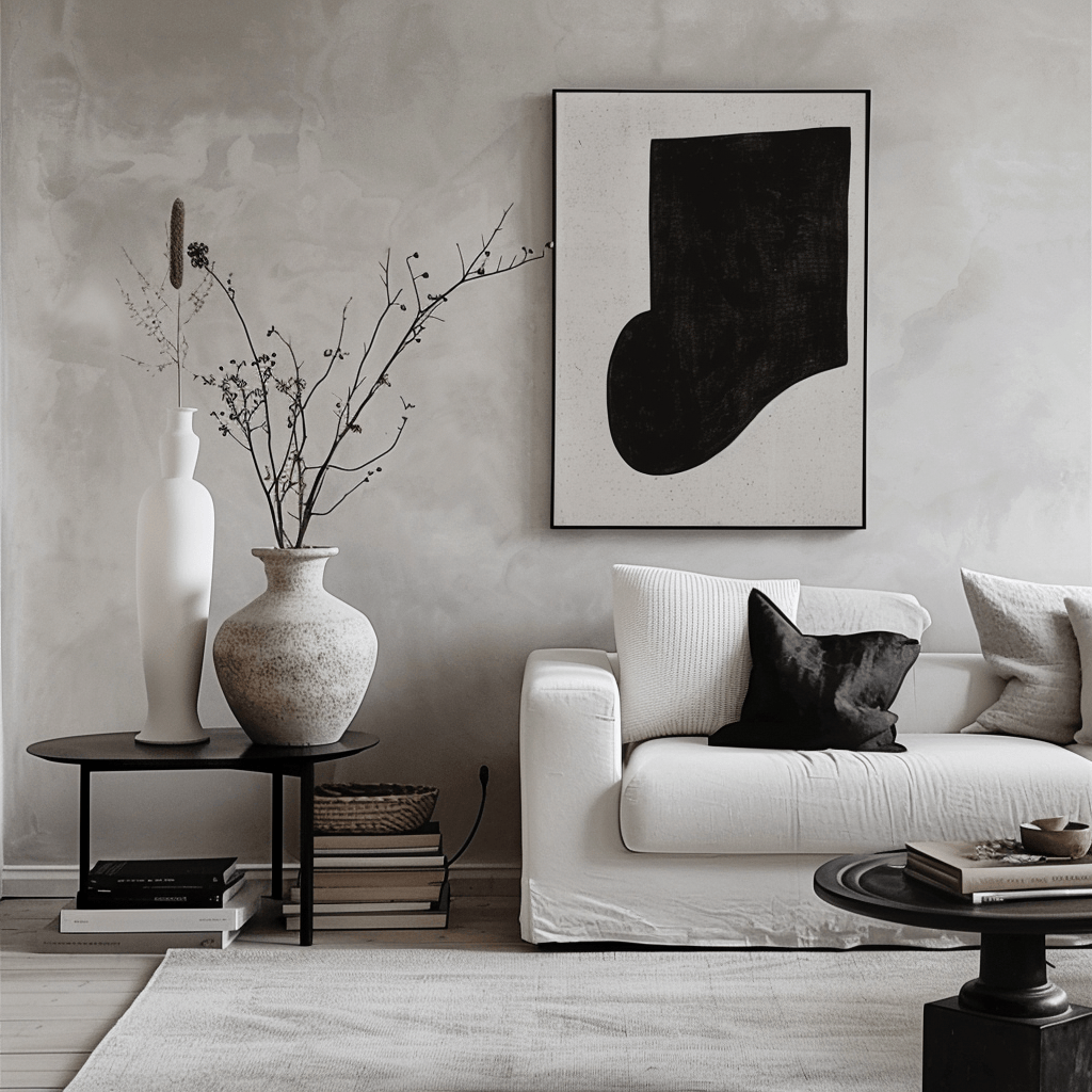 Simple, modern vase, single piece of abstract art, and a stack of coffee table books create a minimalist, curated look in this Scandinavian living room