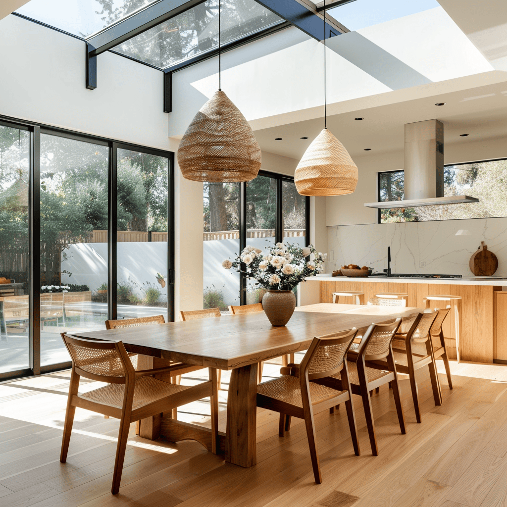 Skylights and large windows bring an abundance of natural light into this modern dining room, resulting in a bright and airy feel