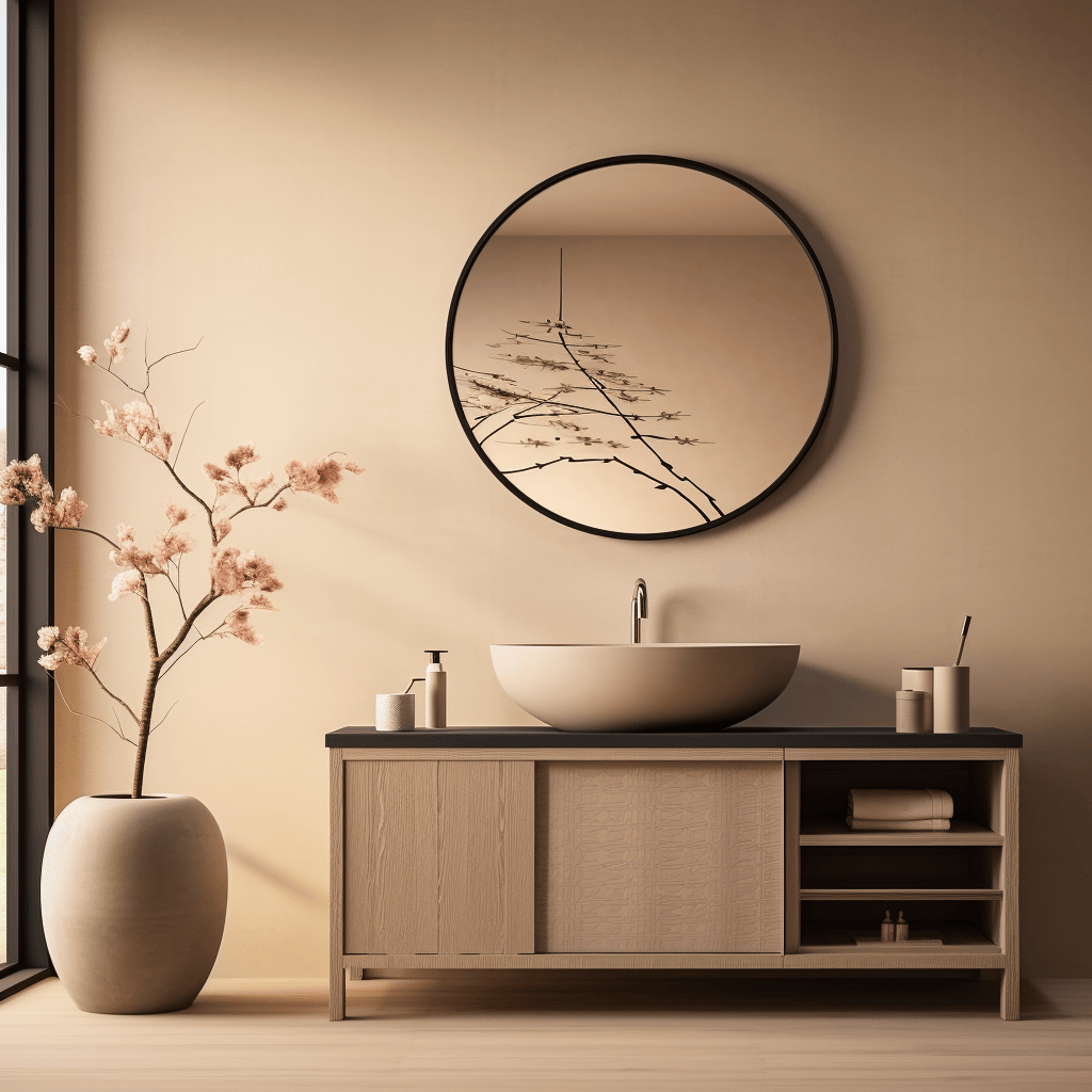 Sleek Japandi bathroom vanity set against a backdrop of muted colors and textures