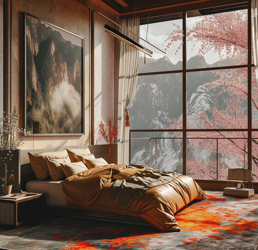 Sleek Japanese bedroom design with minimalist decor and natural light.