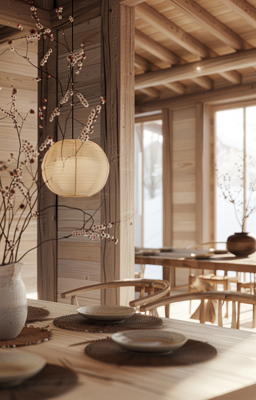 Sleek Japanese dining room with minimalist tableware on a wooden table