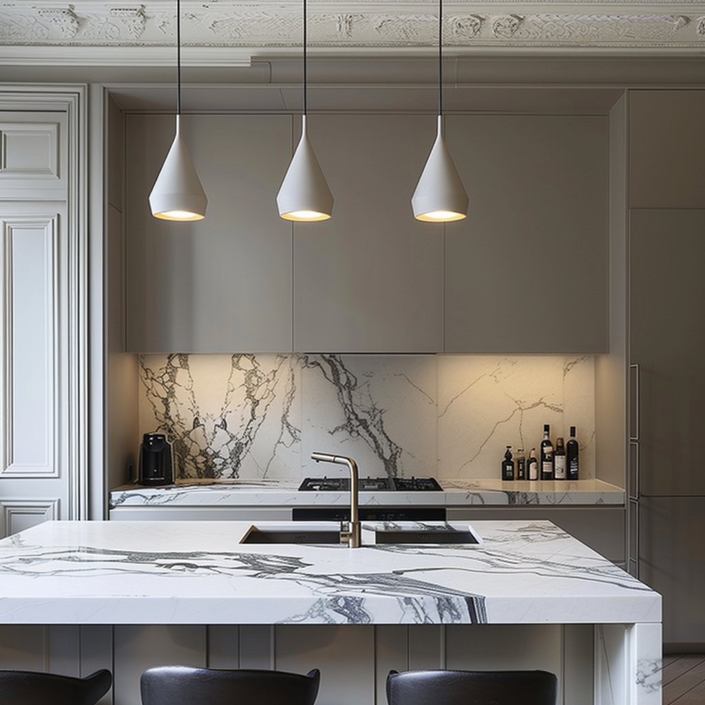 Sleek Parisian kitchen with modern pendant lights over a marble island, blending functionality with style