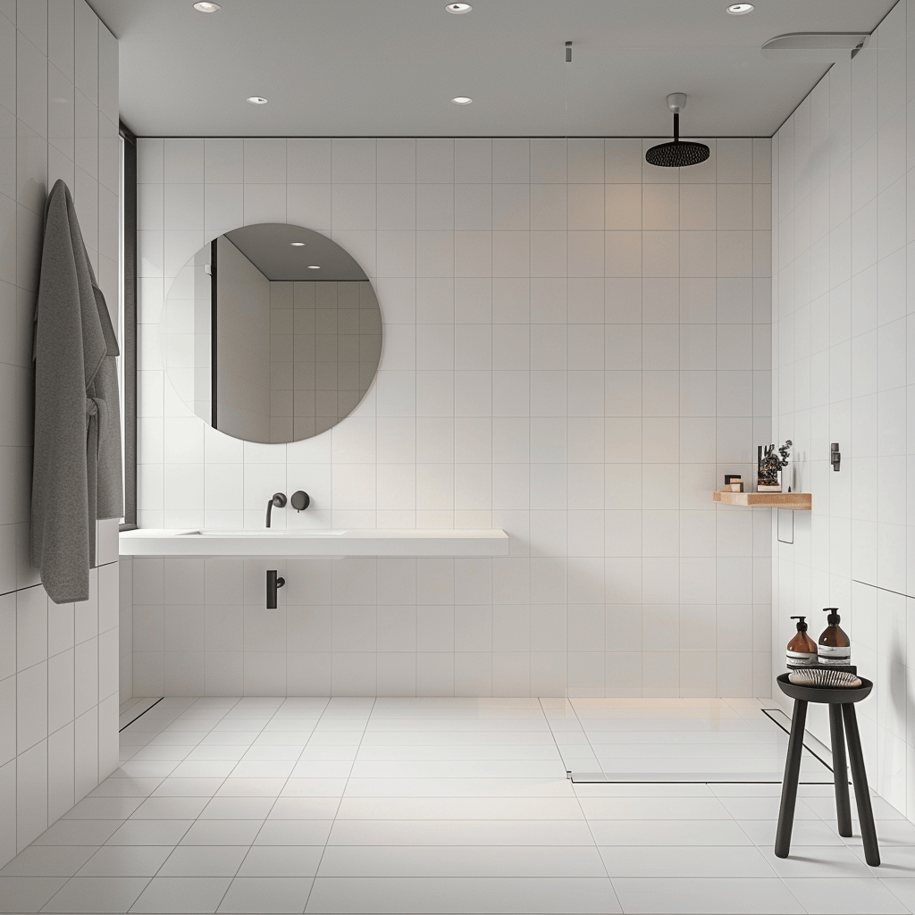 Sleek Scandinavian bathroom featuring expansive matte tiles in white for a seamless and subdued appearance