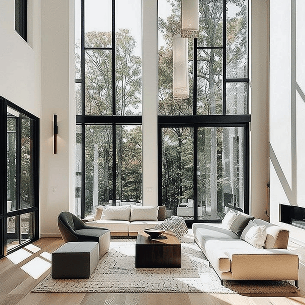 Sleek and modern lighting fixtures with clean lines and geometric shapes complement the natural light in this minimalist living room, resulting in a well-balanced and visually appealing space