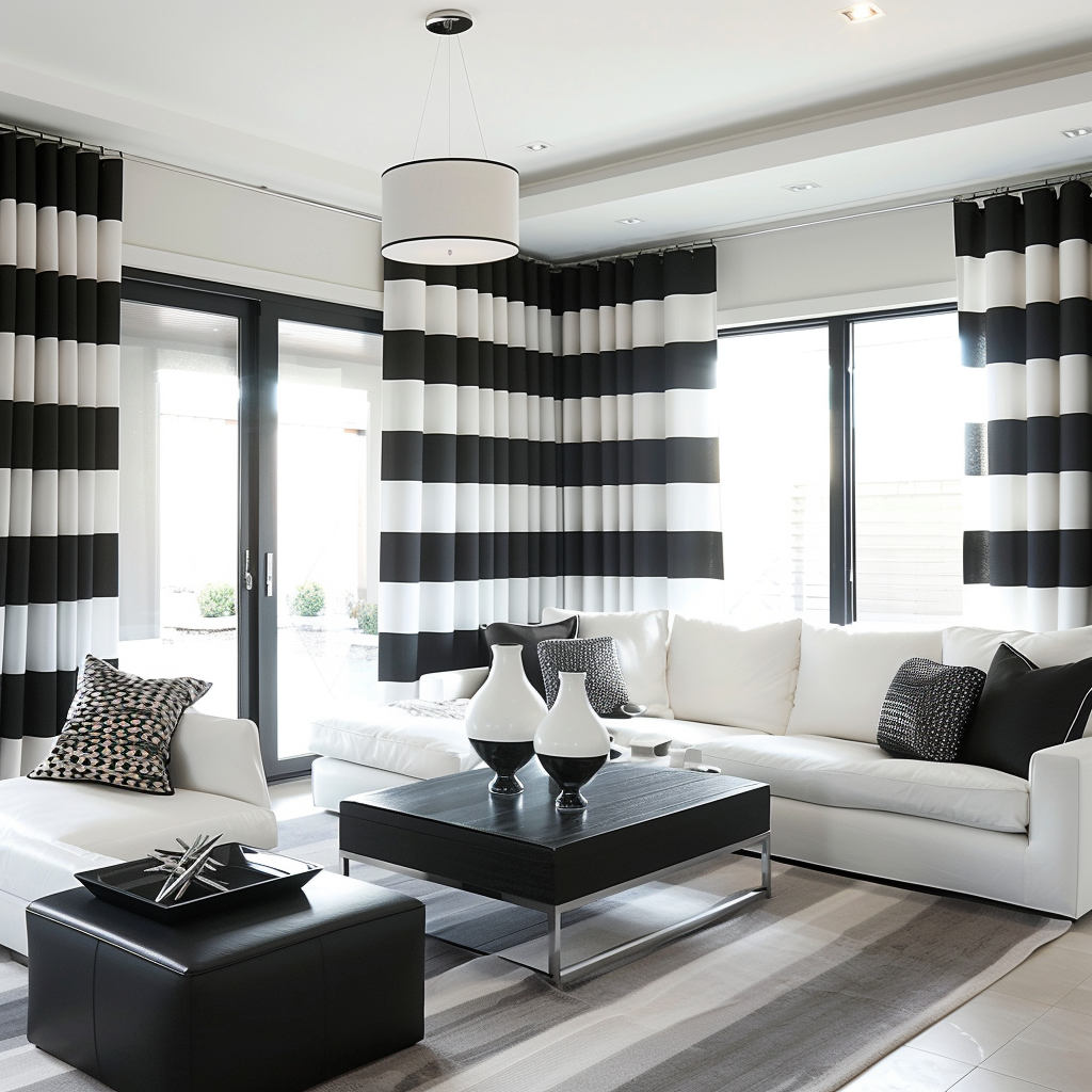 Sleek, bold black and white horizontally striped curtains make a striking visual impact in a modern living room2