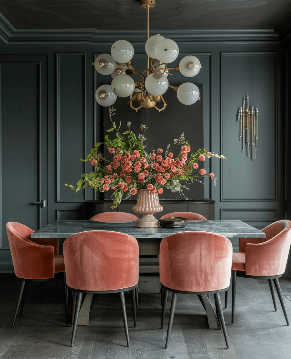 Sleek lacquered dining table and chairs in a modern Art Deco room