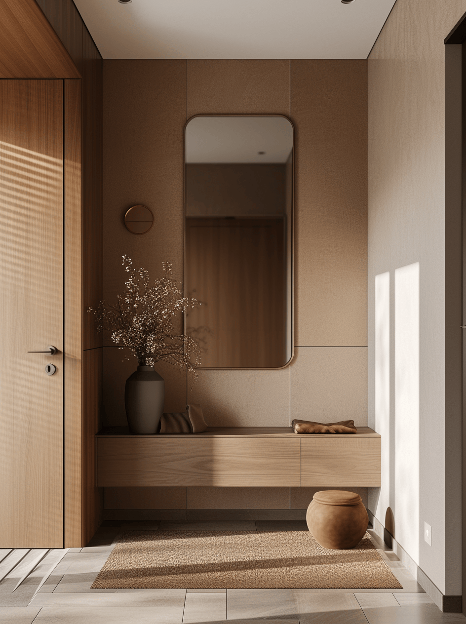 Sleek modern Japandi entryway table styled with minimal accessories