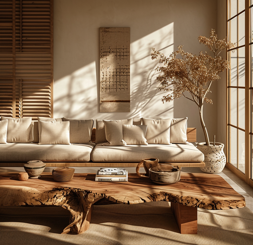 Sleek modern boho living room with minimalist furniture and bohemian accents
