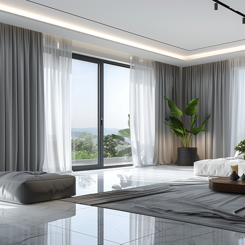 Sleek, motorized curtains in a soft silver fabric provide convenience and modern appeal in a high-tech living room, easily controlled by smart devices2