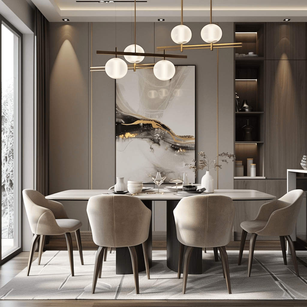 Sleek silhouettes, functional pieces, and quality craftsmanship define the furniture in this modern dining room, creating a cohesive style throughout the space