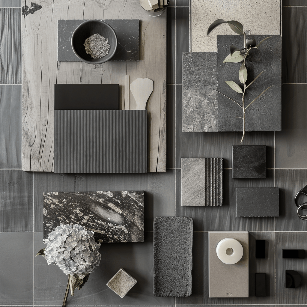 Sleek slate gray-themed moodboard for contemporary decor