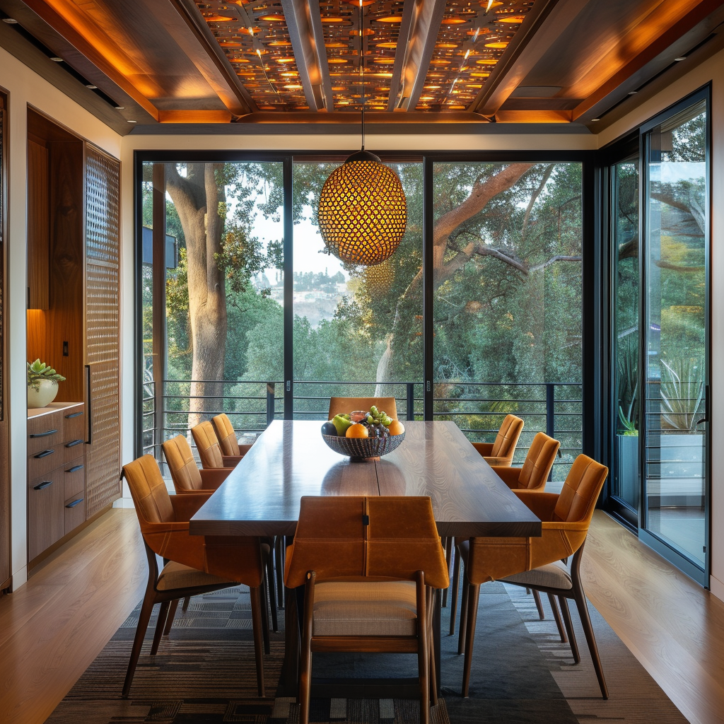 Smart home integration, energy-efficient lighting, and sustainable materials demonstrate how this modern dining room adapts to changing trends and priorities