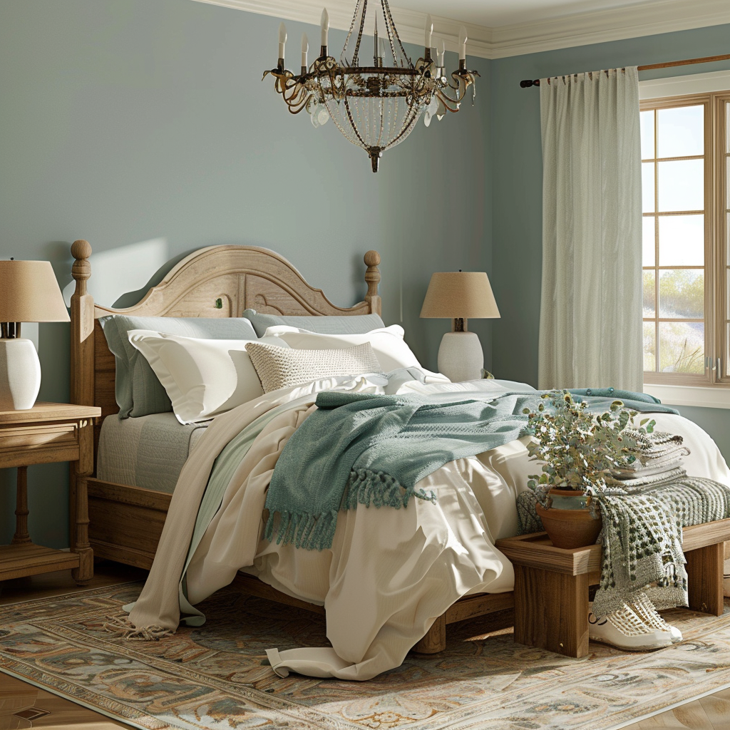 Soft blue and green hues creating a calming atmosphere in a cozy farmhouse bedroom
