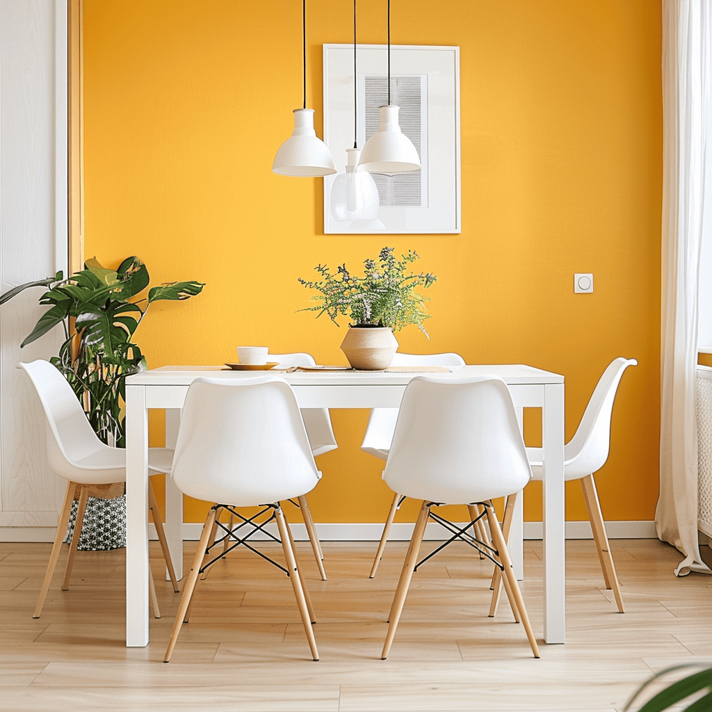 Soft, buttery yellow accent wall adds a cheerful touch to this Scandinavian dining room with white table