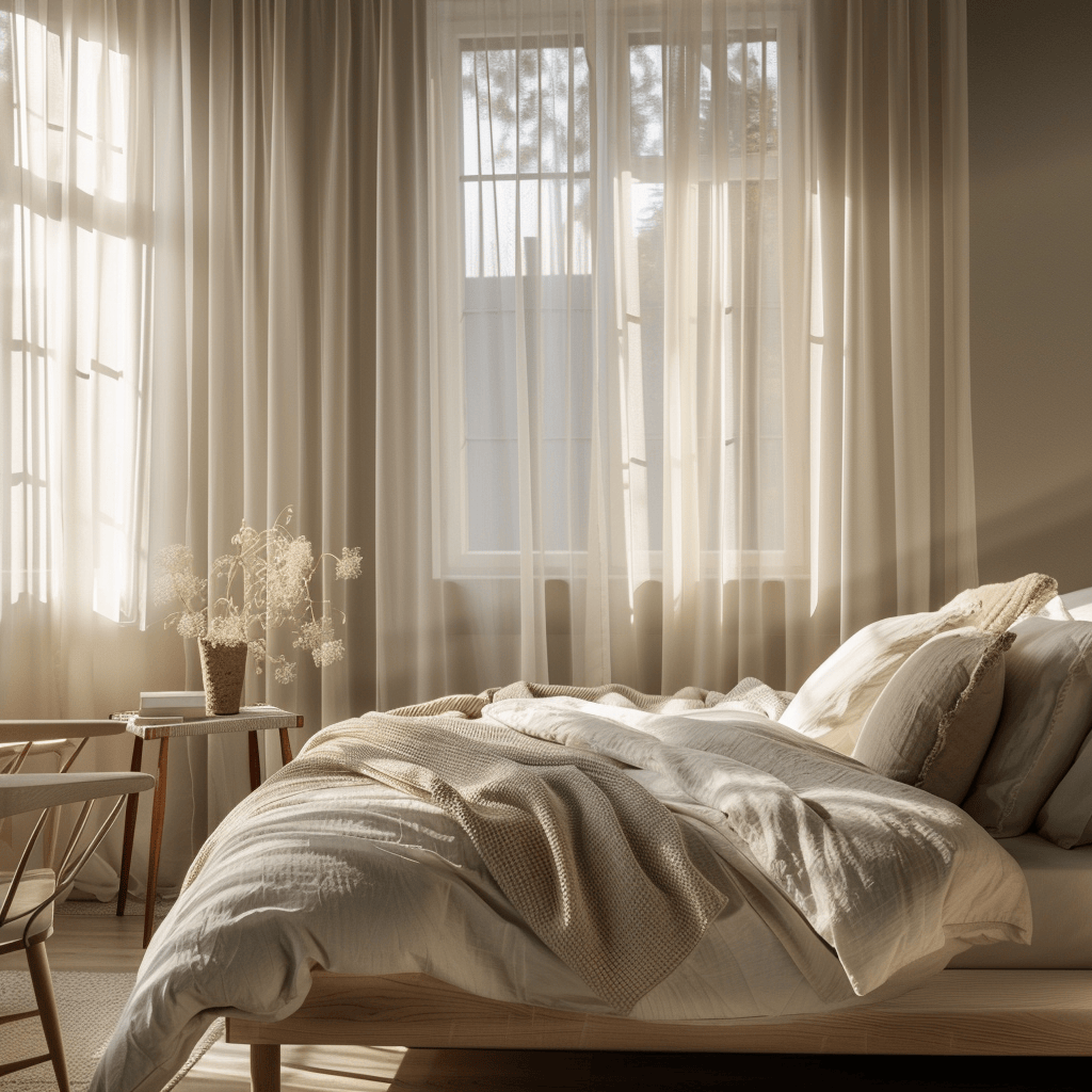 Soft, diffused light creating a gentle ambiance that shifts throughout the day in a Scandinavian bedroom