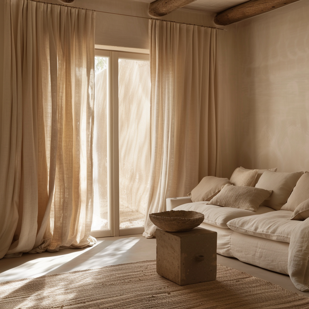 Soft, flowing organic cotton curtains in a natural, undyed hue contribute to the eco-friendly ambiance of a sustainable living room2