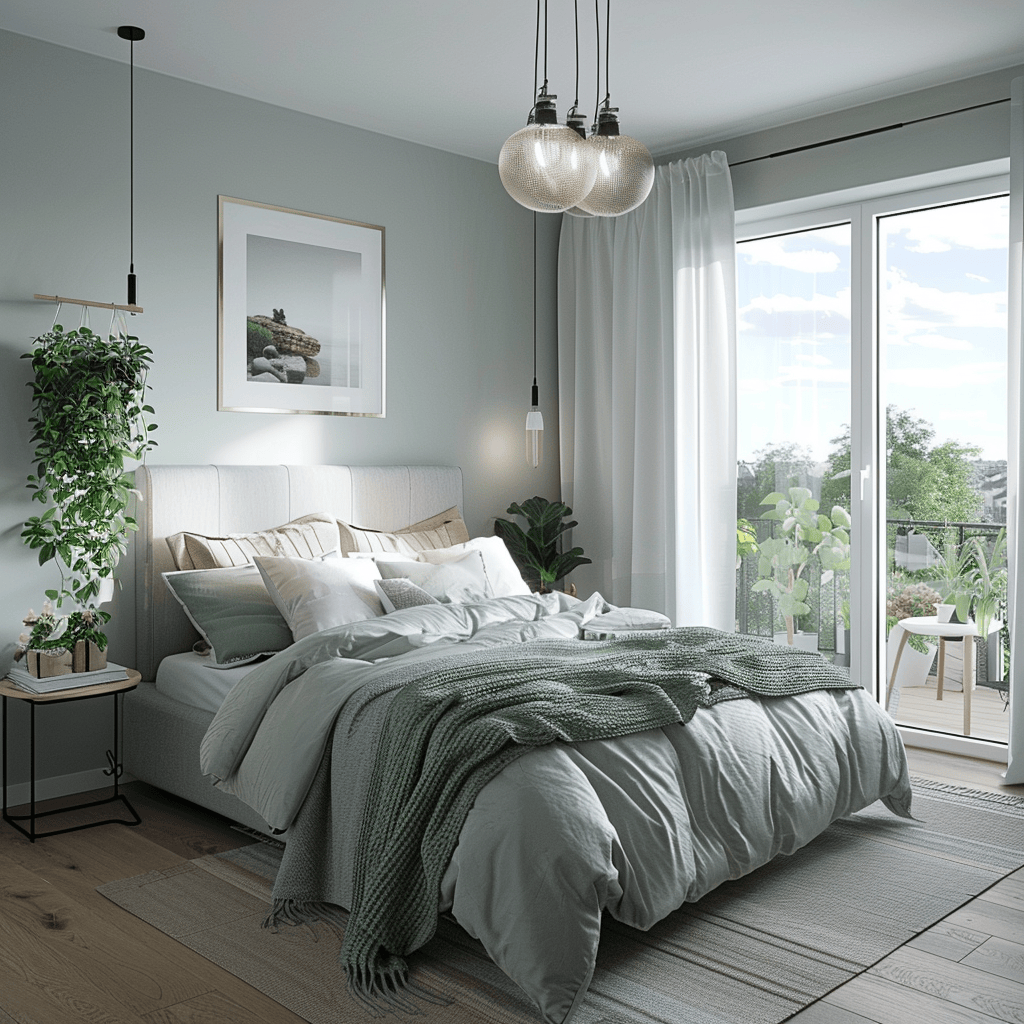 Soft grays, muted greens, and pale blues adding a harmonious connection to nature in a Scandinavian bedroom