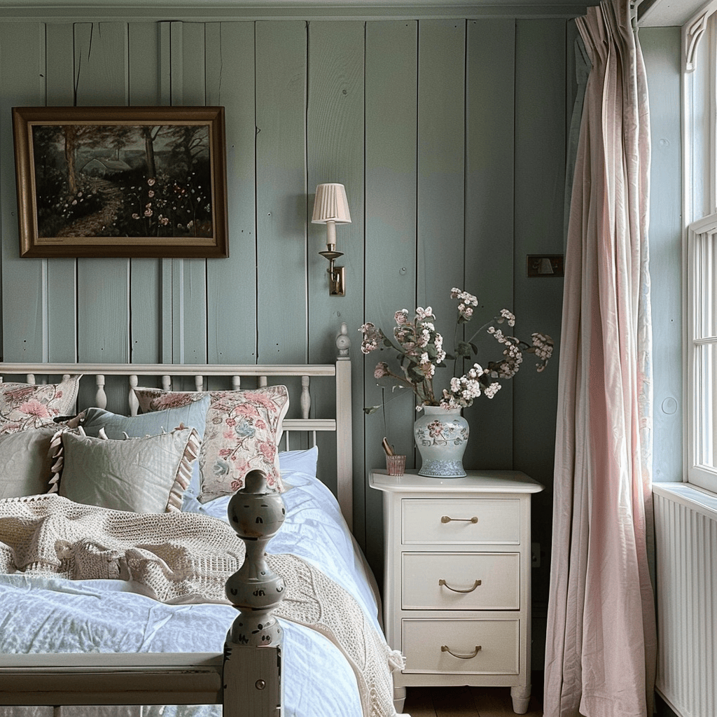 Soft, muted blue walls, a creamy white wooden bed frame, and pale pink accents in the curtains and bedding work together to create a peaceful, soothing ambiance in this English countryside bedroom