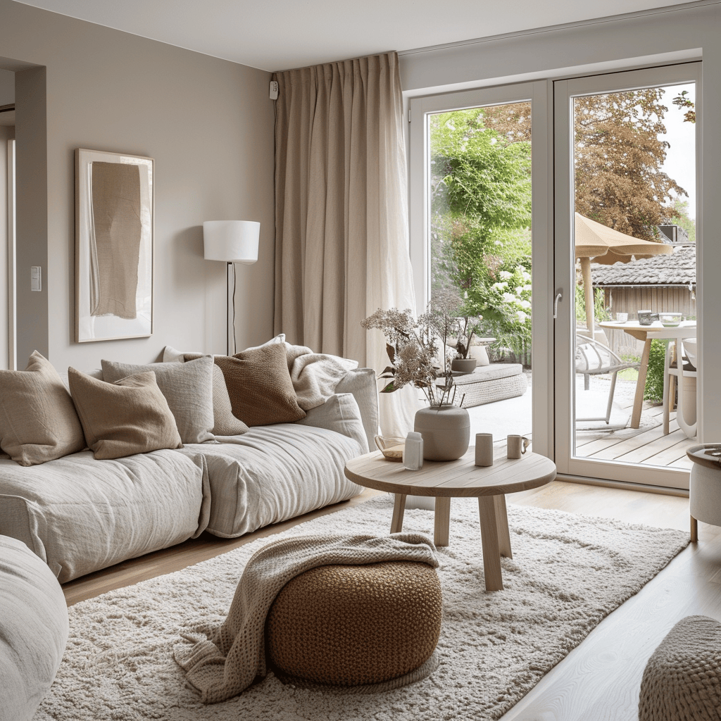 Soft, muted colors, plush, comfortable seating, and a view of a tranquil outdoor space promote a sense of calm and relaxation in this Scandinavian living room