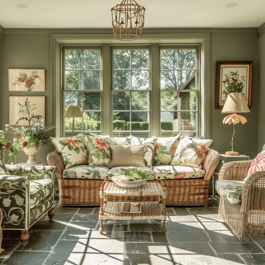 Soft, natural light illuminates this English countryside-inspired sunroom, which seamlessly incorporates natural elements, botanical patterns, and garden-inspired decor in a soothing blend of earthy and vibrant tones