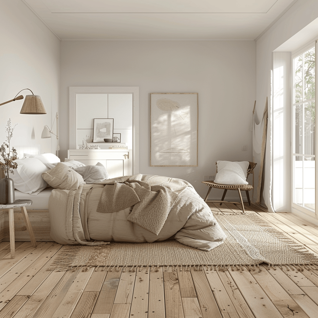 Soft, organic-fiber area rug complementing the minimalist design of a Scandinavian bedroom