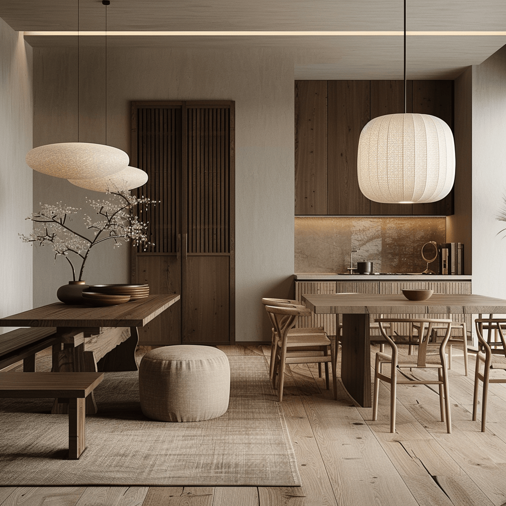 Soft, woolen rug adding texture to a Japandi dining area
