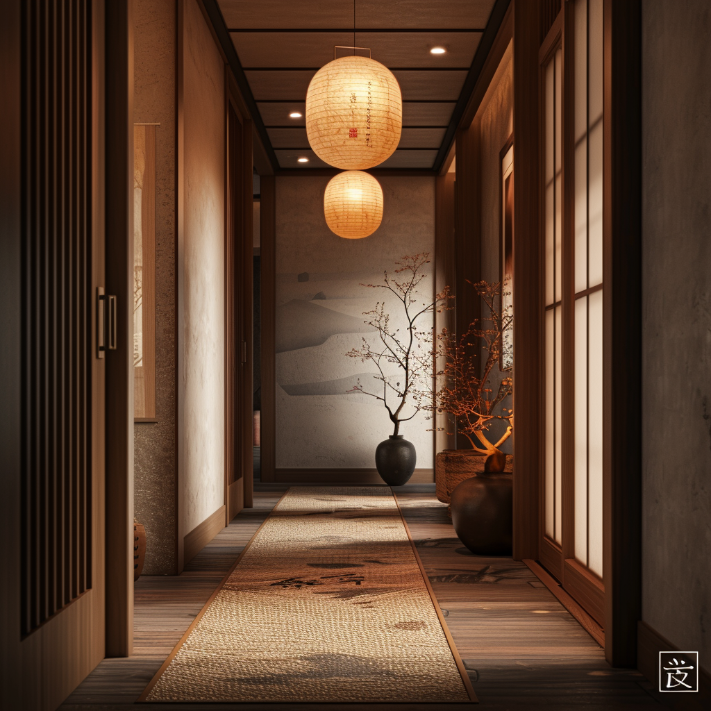 Softly lit Japanese hallway creating a warm and inviting entrance