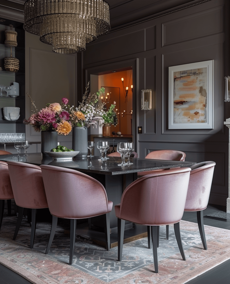 Sophisticated Art Deco dining area with mirrored furniture pieces