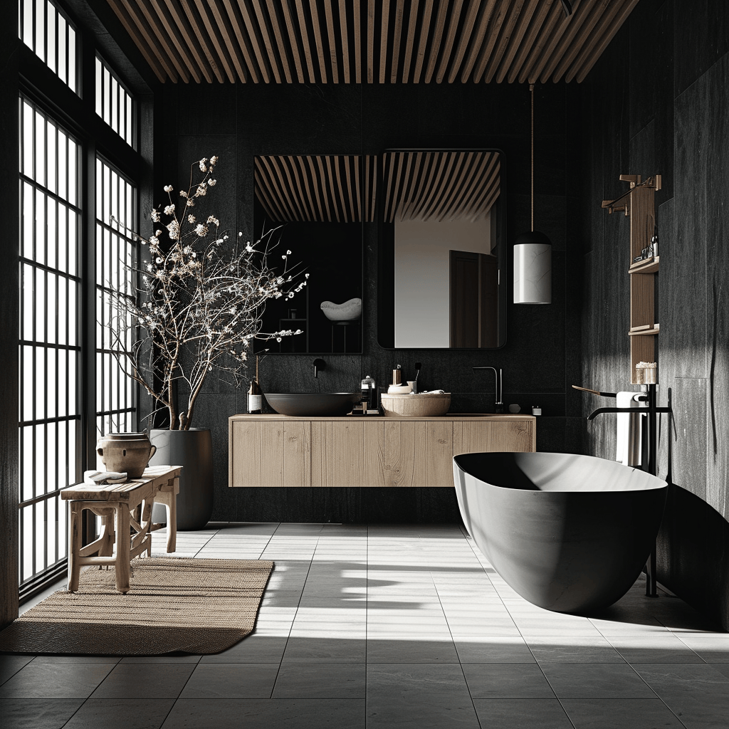Sophisticated Japandi design ideas implemented in a spacious bathroom layout