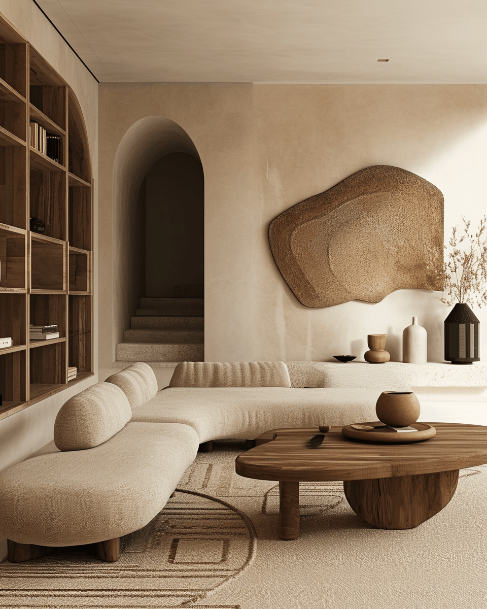 Sophisticated Japandi living room featuring ceramic accessories and bamboo elements