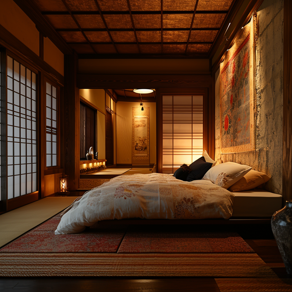 Sophisticated Japanese style bedroom modern decor with artistic touches.