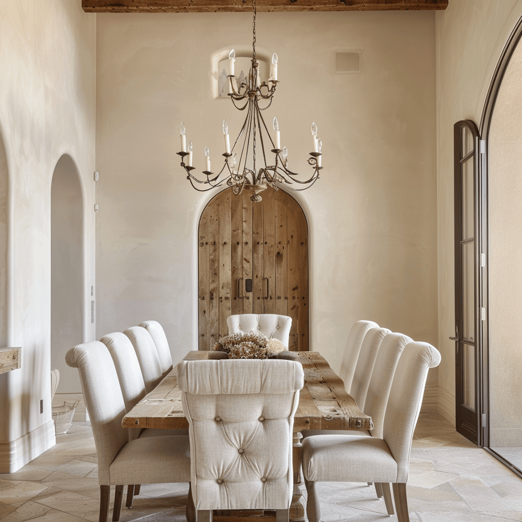 Sophisticated Mediterranean dining space featuring rich cream walls, a weathered wood table, creamy upholstered seating, and a wrought iron candle chandelier