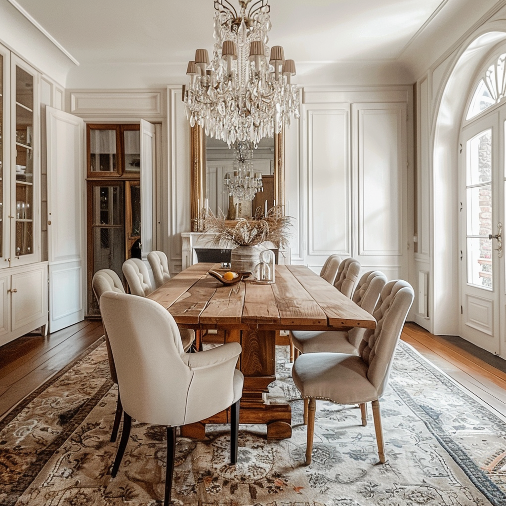 Sophisticated Parisian dining space with a striking balance of modern and traditional elements, accented by floral arrangements