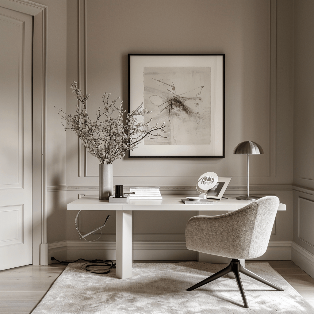 Sophisticated Scandinavian home office with soft, taupe gray walls, white desk, and gray upholstered chair