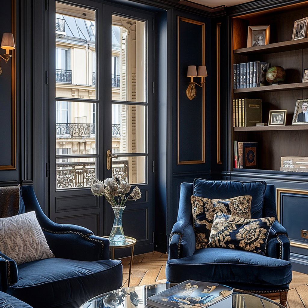 Sophisticated bedroom featuring navy bedding and curtains, contrasting beautifully with the room's light palette