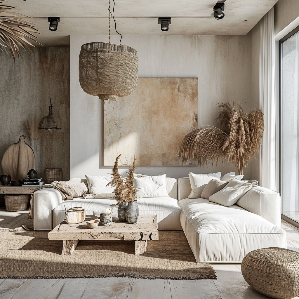 Sophisticated boho living room with a balance of modern lines and bohemian elements