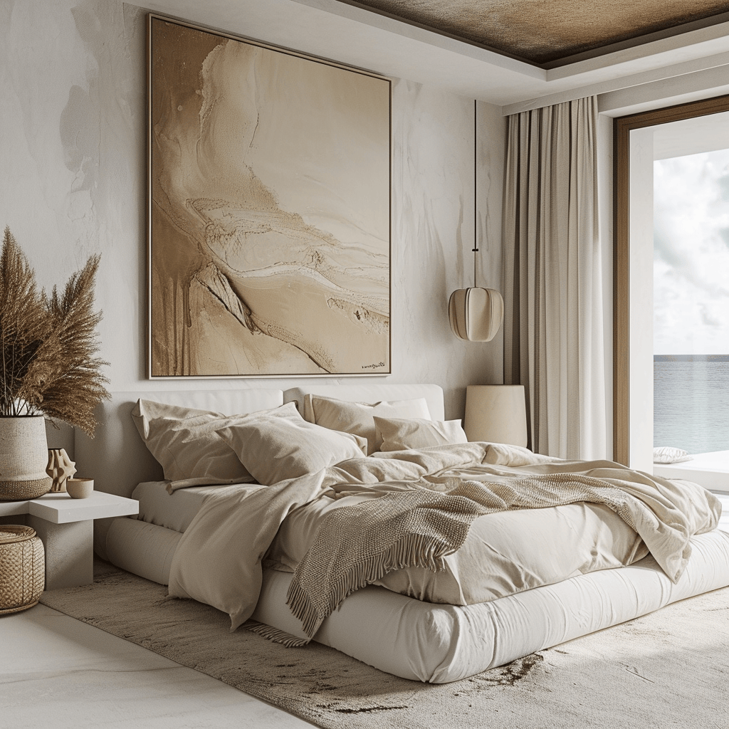 Sophisticated coastal bedroom interior design with elegant light fixtures and art