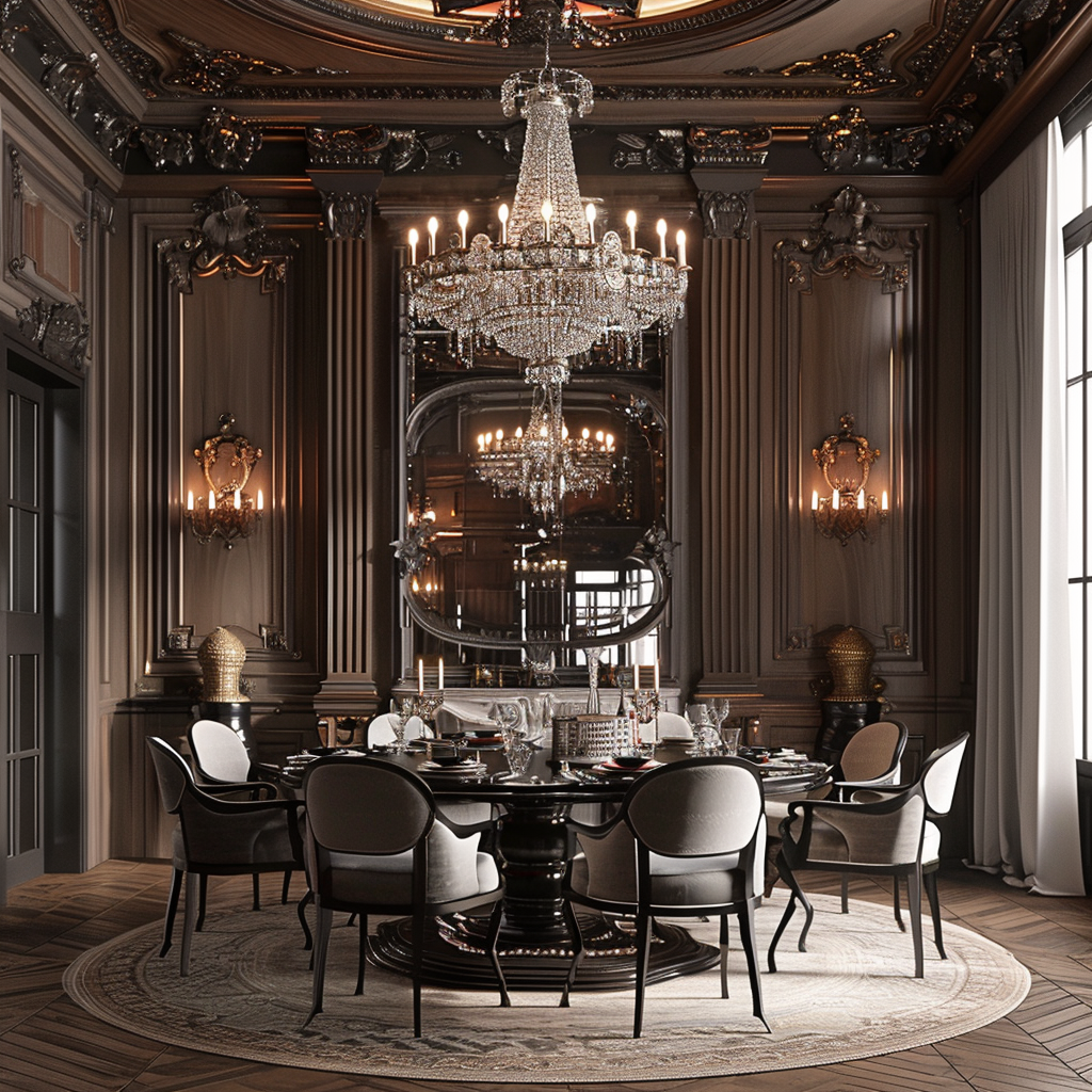 Sophisticated dining area featuring a modern twist on the classic crystal chandelier, complementing the contemporary decor