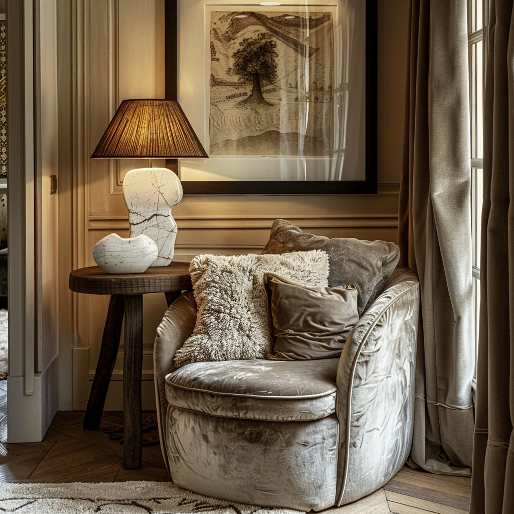 Sophisticated dining room with a blend of smooth marble, rustic wood, and soft fabric chairs, showcasing textural harmony