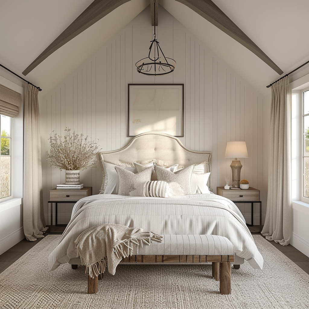 Sophisticated farmhouse bedroom with a luxurious feel and elegant decor