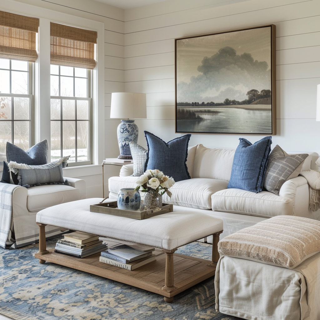 Sophisticated farmhouse living area showcasing a curated selection of furniture and decor