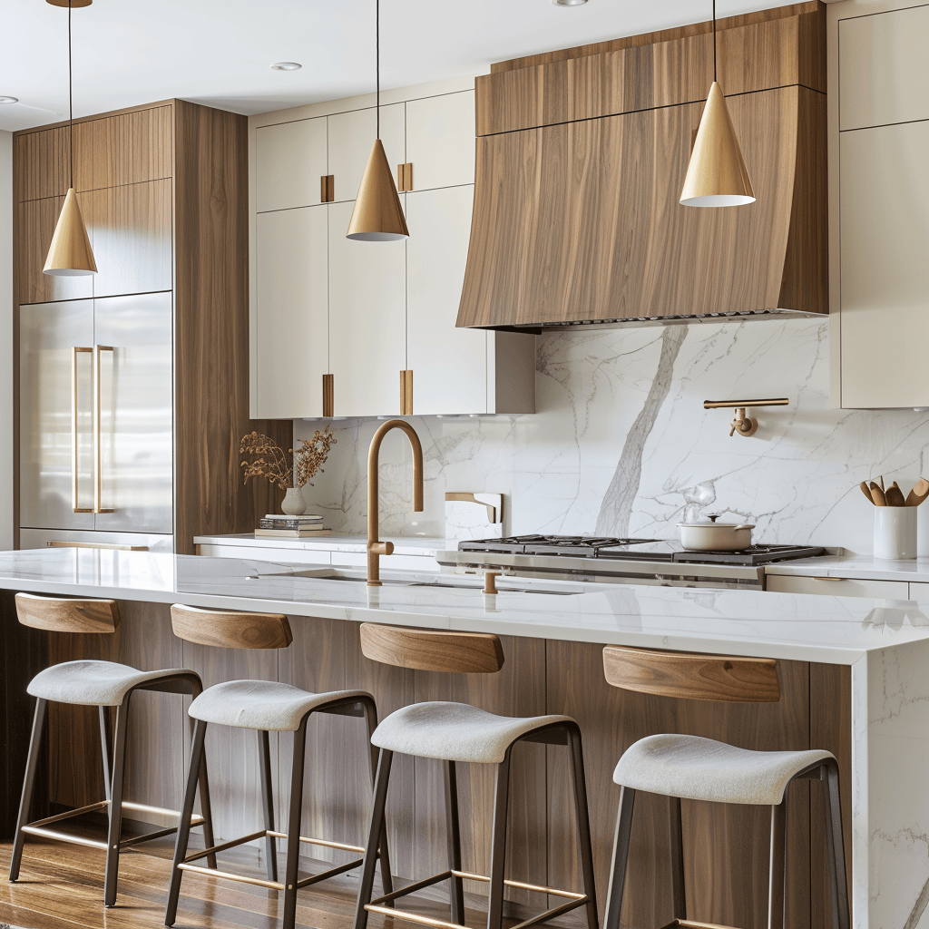 Sophisticated mid-century modern kitchen with white, gray, and beige palette creating a timeless, versatile backdrop