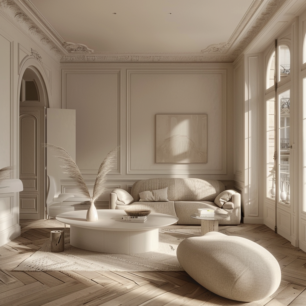 Sophisticated room showcasing a neutral palette with layered textures from linen drapery to a plush, off white rug