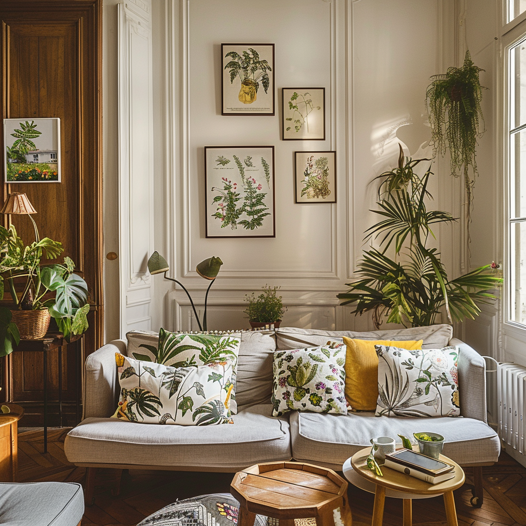 Sophisticated space with subtle botanical motifs in artwork and textiles, paired with neutral furniture and plants